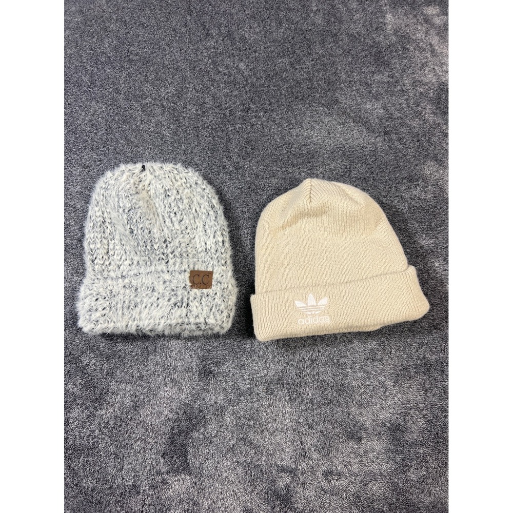 Adidas Originals Trefoil Cream Beanie & CC Fuzzy Knit Blue White Beanie Lot of 2